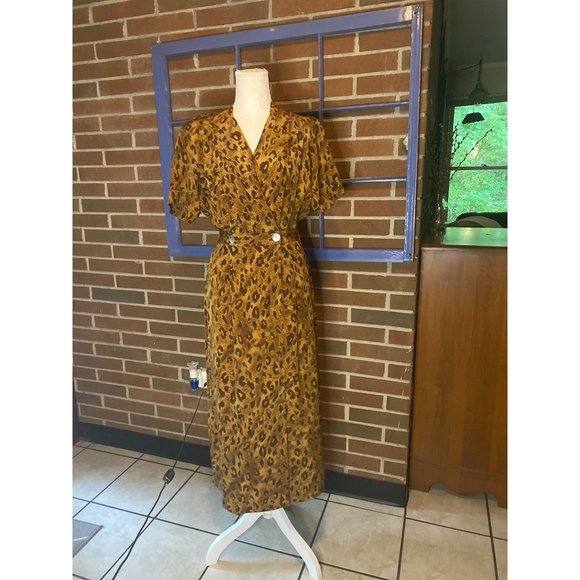 Stunning Vintage 70s Cheetah Print Dress 100% Silk by Robbie Bee - Picture 2 of 11